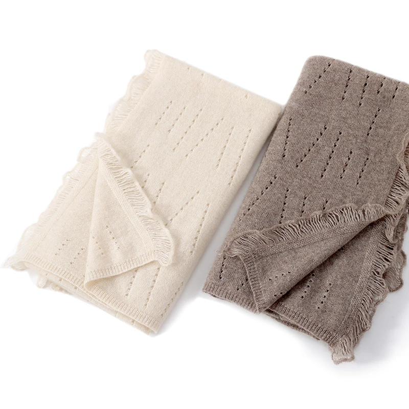 100% Cashmere Scarf for Women, Dual-use Shawl with Tassels, Hollow Long Versatile Knitted Neck Warmer, Silky and Warm