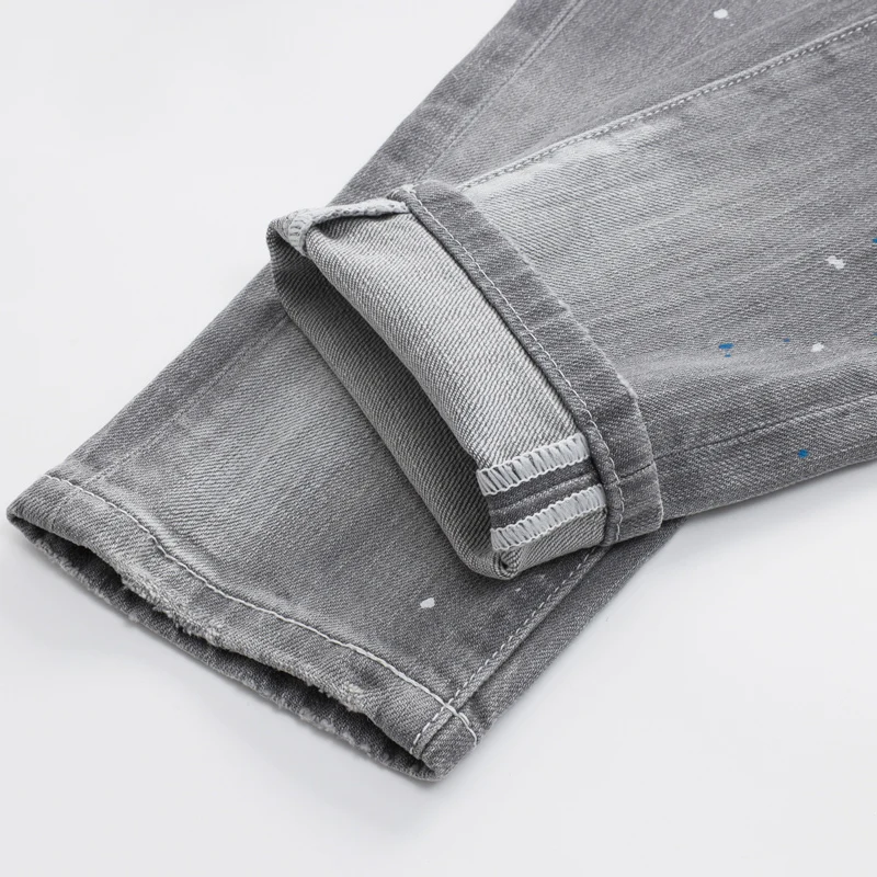 Fashionable Y2Kmen's jeans with pleated paint, dotted holes, washed nostalgic stretch, slim fit, light gray jeans, high street