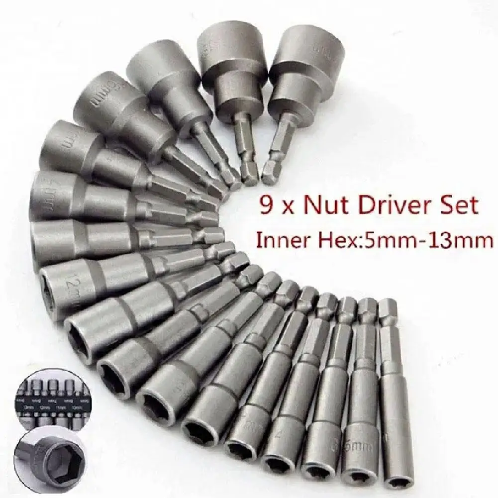 9PCS Hex Buchse Schraube Hülse Düsen Mutter Sechskant-schraubendreher-set 5-12mm Sechskant Mutter Fahrer Bohrer Adapter für Holzbearbeitung Werkzeuge
