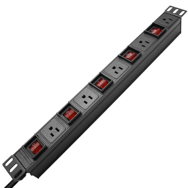 19 inch PDU Power Strip 5Ways 3Pin US Socket Independent switch 2meter Cord Aluminum alloy shell Cabinet Rack Mount