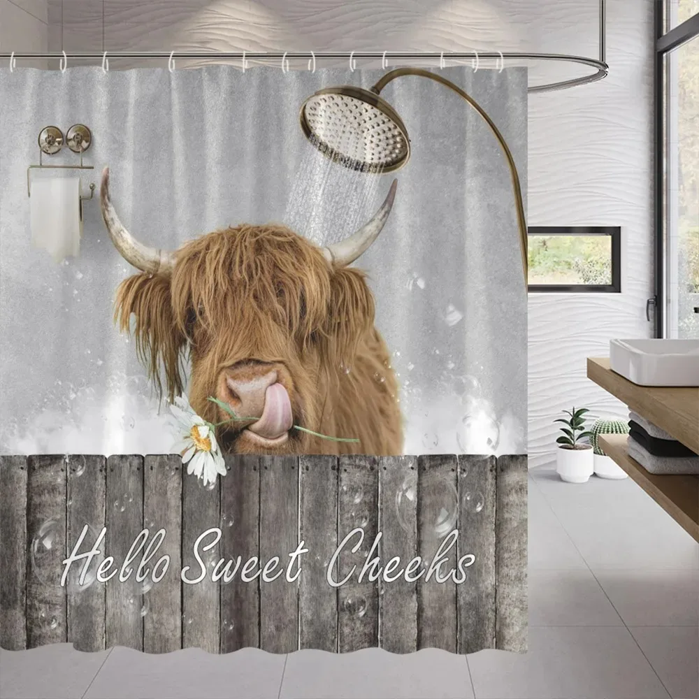 Funny Farm Cow Shower Curtain Rustic Wooden Door Highland Cow Wooden Panel Lavender Flower Cloth Hanging Curtains Bathroom Decor