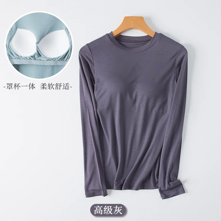 Primavera y otoño nuevos pijamas de mujer tops cuello redondo modal con almohadillas para el pecho camisetas de manga larga camisas de fondo ropa de