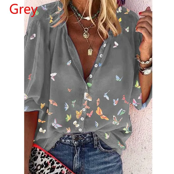 Popular fashion women's Europe and the United States spring big yards blouse long-sleeved lapel shirt butterfly print shirt