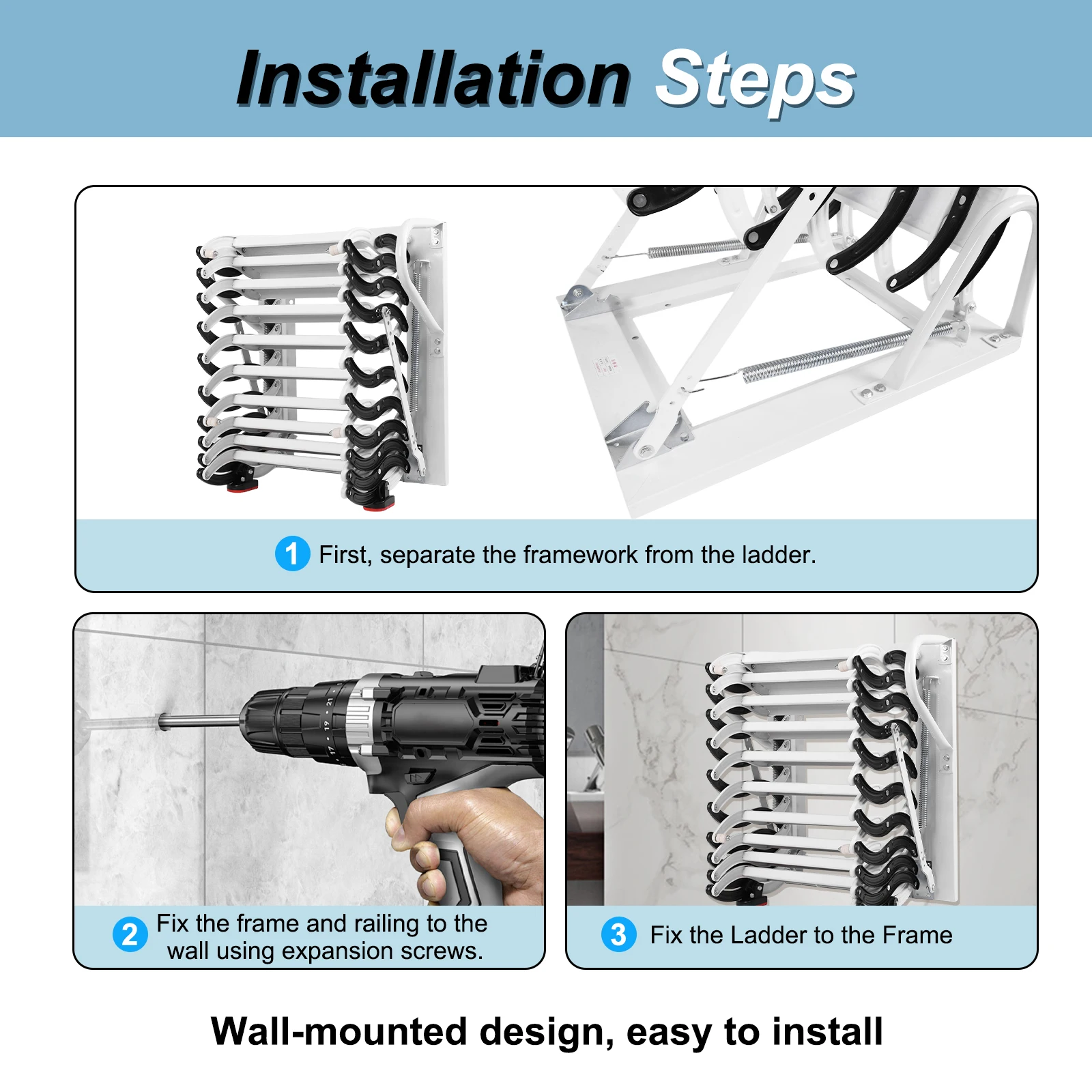 10/12 Steps 2.55-3.0M Wall-Mounted Folding Stairs with Handrails Telescopic Attic Ladder Retractable Loft Ladder for Home Indoor