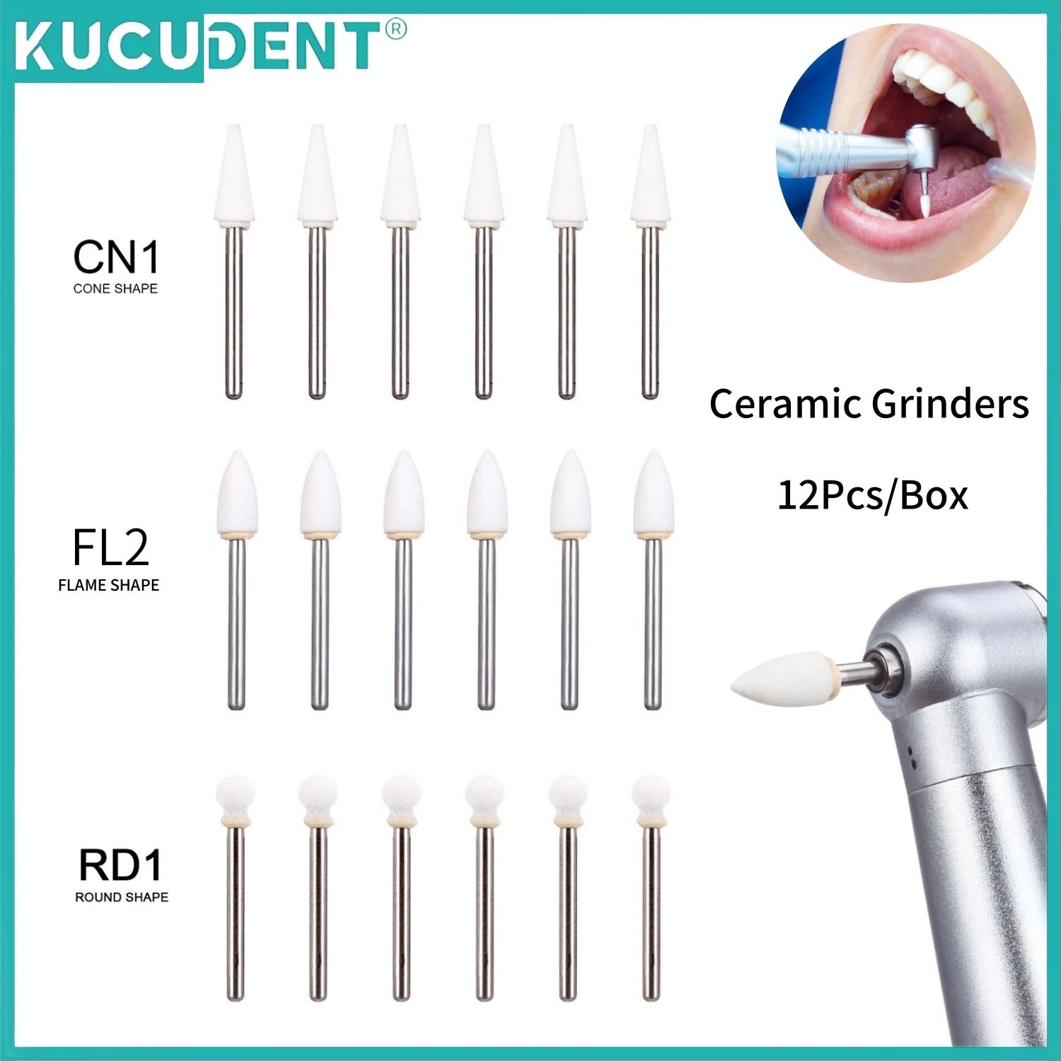 12Pcs/Box Dental White Stone Polishing Burs Flame/Cone/Round Shape FG Burs for Finishing Porcelain Enamel & Composite Resin