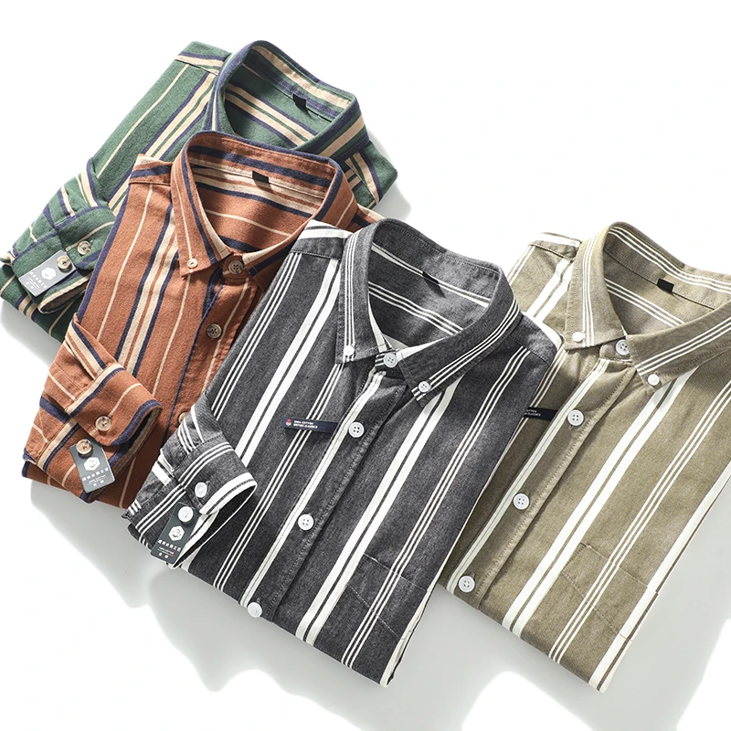 

Retro Striped Men's Casual Long Sve Cotton irt Stand Fit Youth Trend Autumn Wear Waed Denim Button Detail