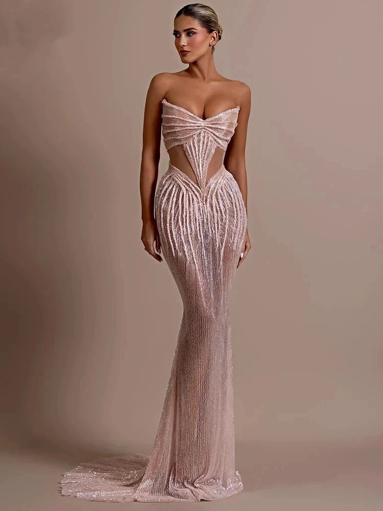 Abito da sera da festa Abito lungo senza spalline con taglio beige Scollo a cuore Scava fuori Abiti da celebrità con sirena