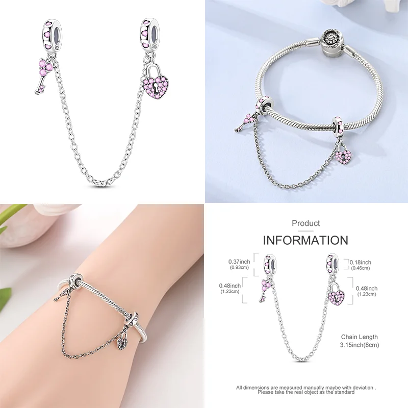 

925 Sterling Silver Pink Gem Heart Lock Safety Chain Fashion Inlaid Zirconium Charms Bead Fit Original Bracelet DIY Jewelry