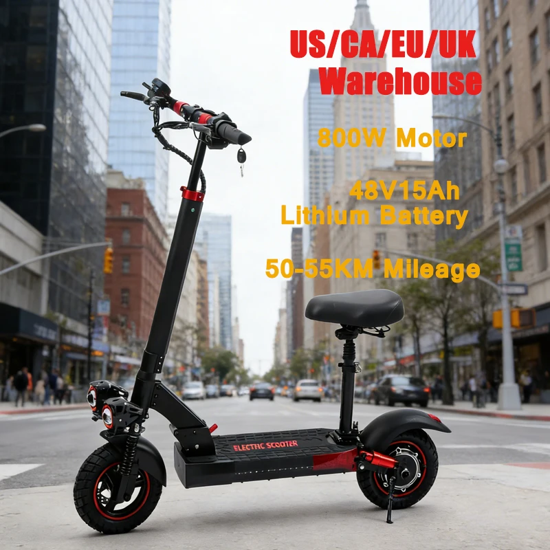 

Электрический самокат для взрослых с 10-дюймовыми колесами, мотором 800 Вт, двойной амортизацией, литиевой батареей 48В15Ач, двойными фарами, для поездок на работу