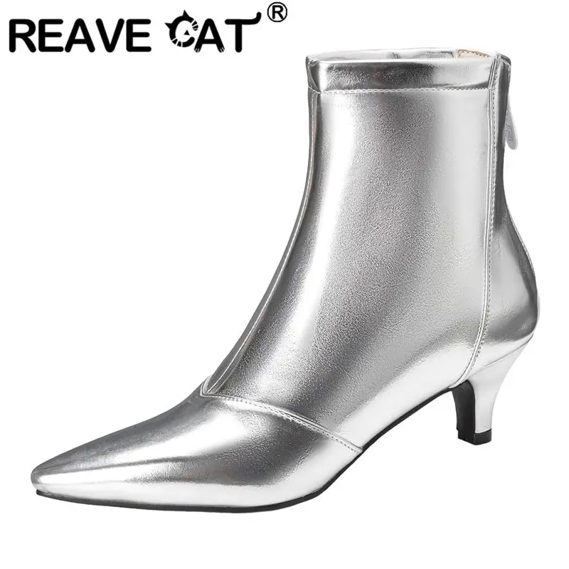 

REAVE CAT 2025 Дизайнерские женские ботильоны с острым носком на маленьком каблуке 5,5 см на молнии размера плюс 46 47 48 Сексуальные короткие ботильоны для свиданий и вечеринок