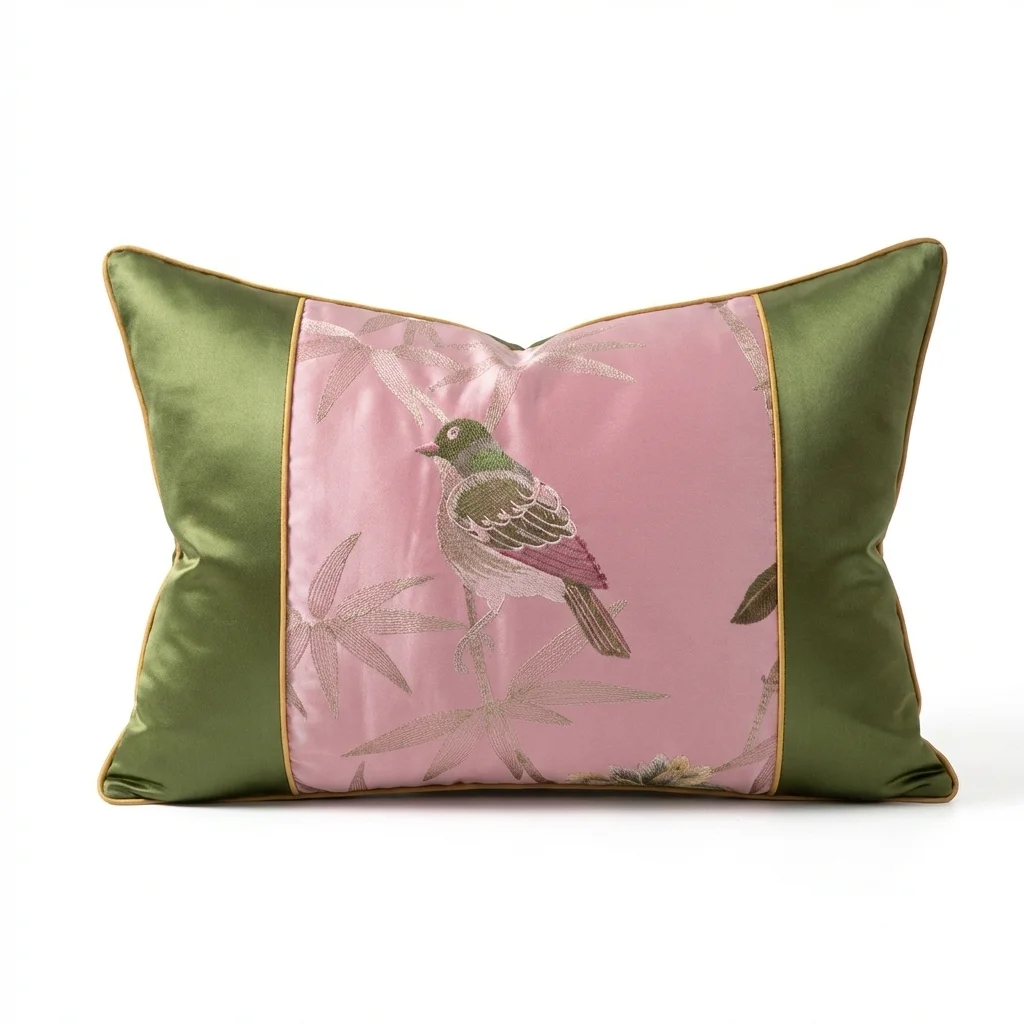 30x50/40x60cm Bird & Bamboo Embroidered Lumbar Pillow Cover, Satin Oriental Decorative Cushion Case for Sofa Bedroom
