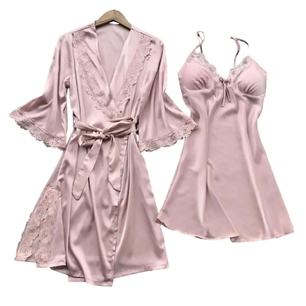 2 Pcs/Set Pajama Set Lace Patchwork Bow Decor Silky Lace-up Tight Waist Loose Long Sleeve Nightgown Split Nightdress Set