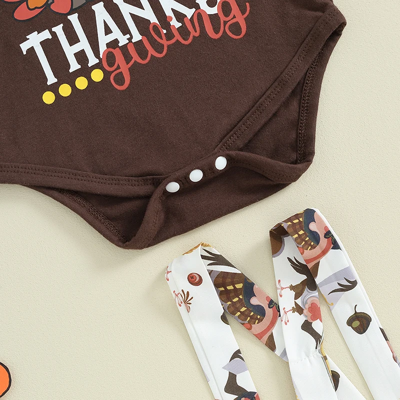 

Thanksgiving Baby Girls Outfit Set with Long Sleeve Ruffle Romper Turkey Print Suspender Skirt and Headband - Adorable