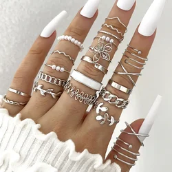 Silver Color Geometric Knuckle Ring Set For Women Artificial Pearl Simple Chain Finger Ring Female Bohemian Jewelry Accessories