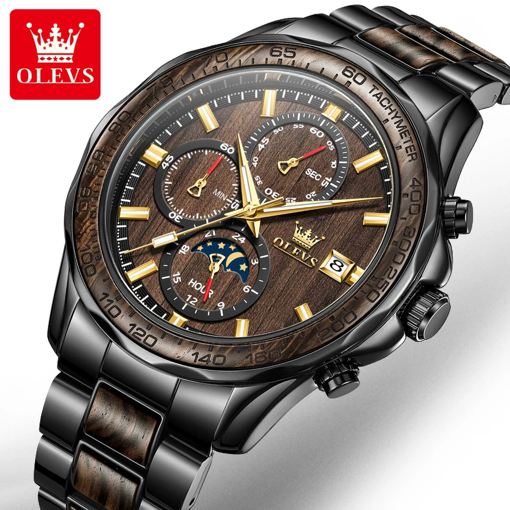 OLEVS Mens Watch Original Luxury Multifunctional Quartz Watch Waterproof Luminous Solid Wood Sports Watches For Man Gifts 3750