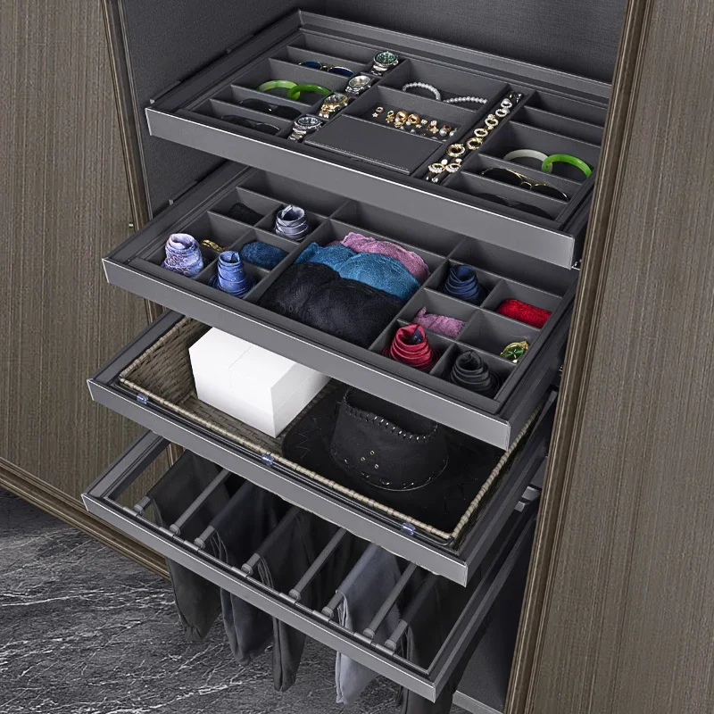 Wardrobe basket drawer type jewelry box cloakroom pull-up pants rack, wardrobe built-in telescopic slide rail storage