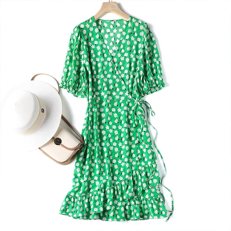 

Women Christmas Party dresses 100%Silk Summer Beach Dress Women Natural Fiber High Quality Elegant V-neck Strap dresses Green