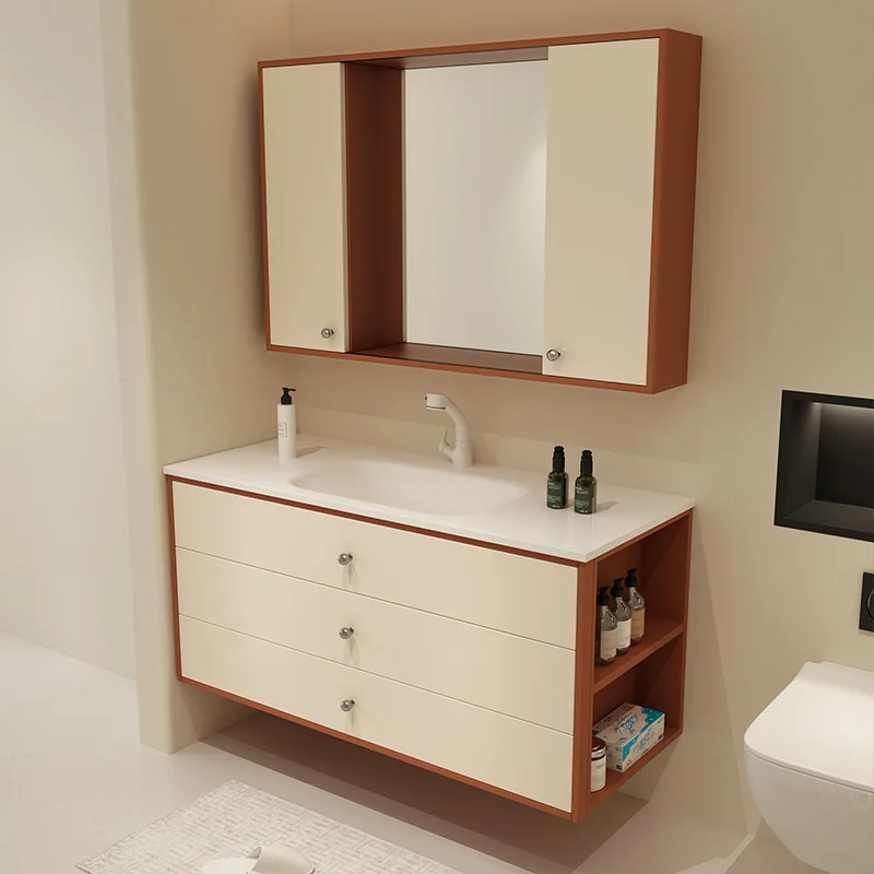 Modern Feng Shui Sliding Mirror Cabinet Bathroom Cabinet Combination Ceramic Integrated Basin Simple Double