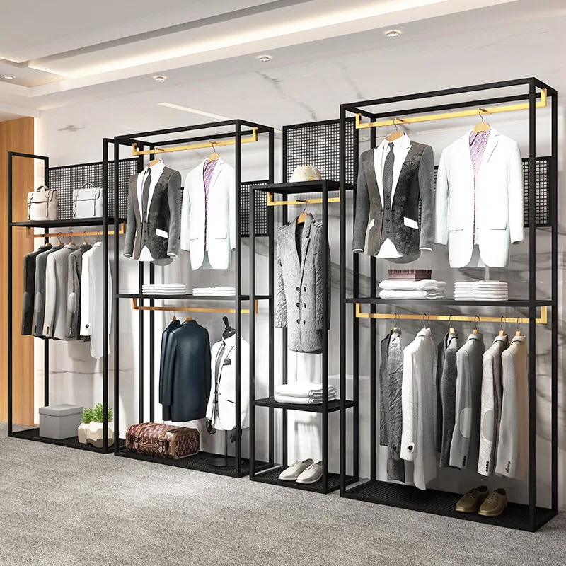 Clothing store display rack Men's clothing store Double shelf Shopping mall suit display cabinet Floor to wall combination rack
