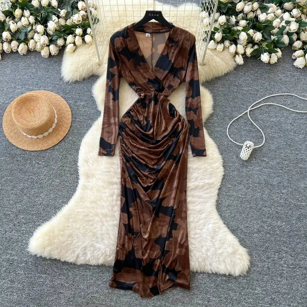 Seksowna sukienka z weluru z dekoltem w kształcie litery V, z wysokim stanem i plisami, sukienka letnia, sukienka wieczorowa dla kobiet