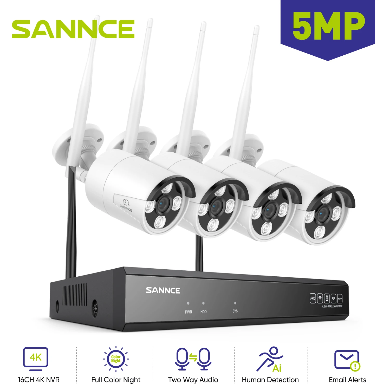 SANNCE 5MP WiFi نظام الدائرة التلفزيونية المغلقة 10CH NVR اتجاهين نظام كاميرا الأمن الصوتي طقم مراقبة الفيديو كاميرات IP لاسلكية في الهواء الطلق
