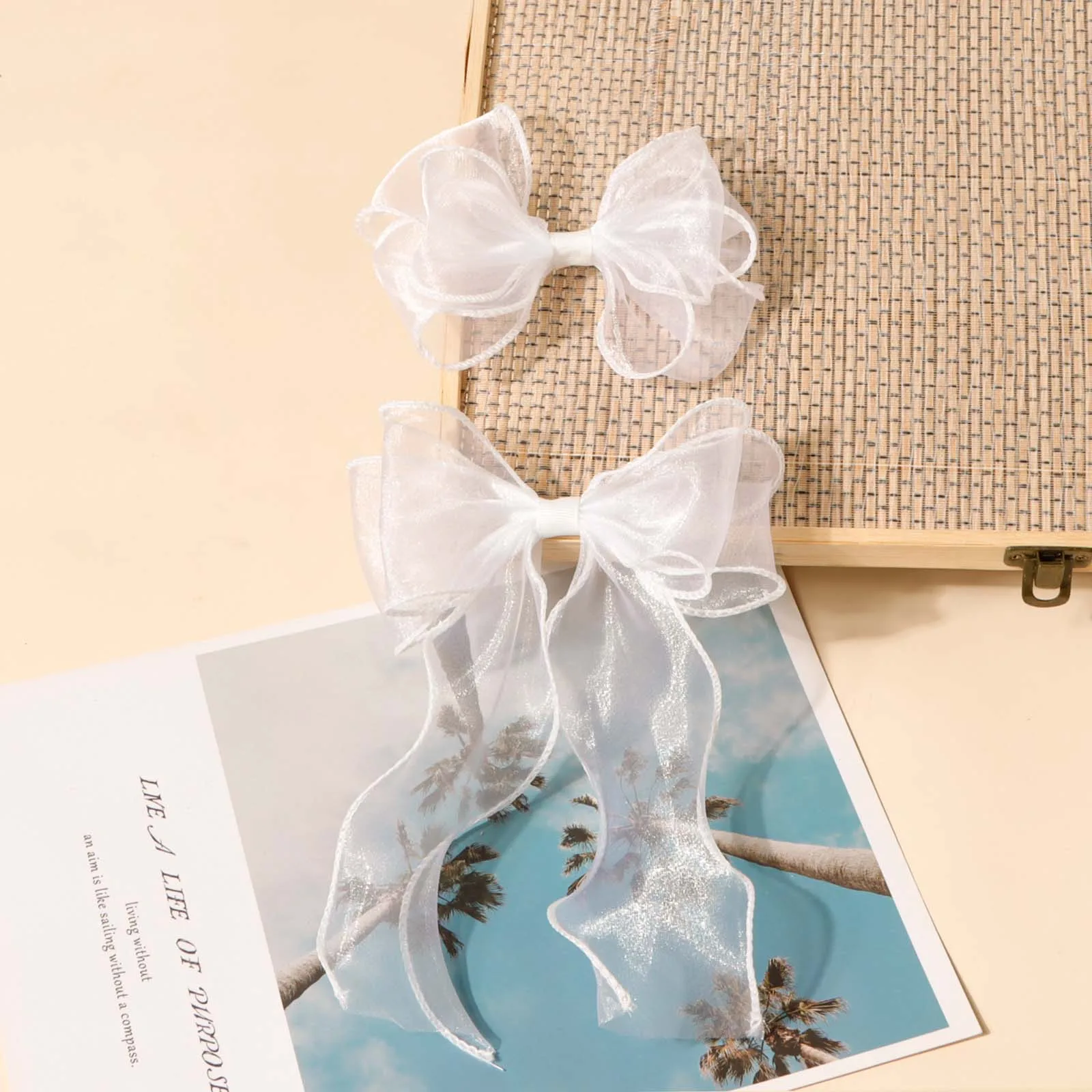 

2pcs Girl White Bow Bang Ponytail Decor Hair Clips Teenager Party Photograph Wear Fashion Hair Accessories Kids Cute Barrettes