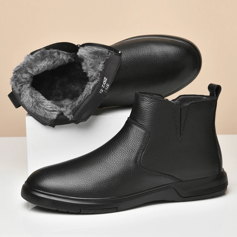 Clássico preto grosso sola negócios casual chelsea botas de fundo plano respirável antiderrapante quente high-end moda botas curtas