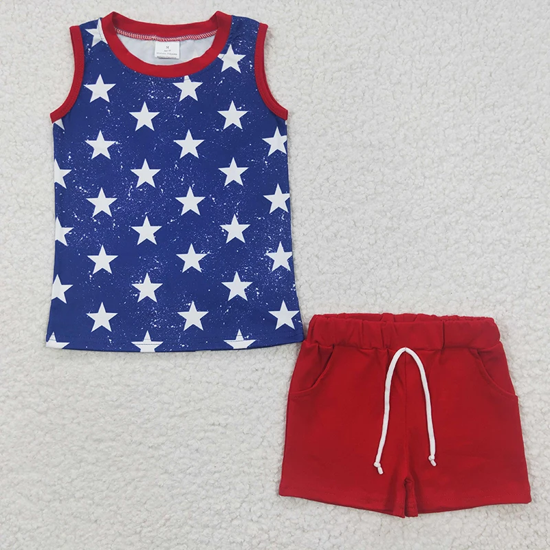 

Wholesale Baby Boy July 4th Star Summer Set Children Toddler Sleeveless Tank Kids Infant Red Ruffle Cotton Pocket Shorts Outfit