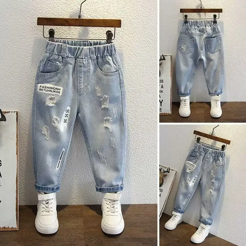 Children Ripped Jeans Spring Autumn Boys Girls Denim Jeans Korean Fashion Kids Trousers Toddler Casual Loose Pants 2024