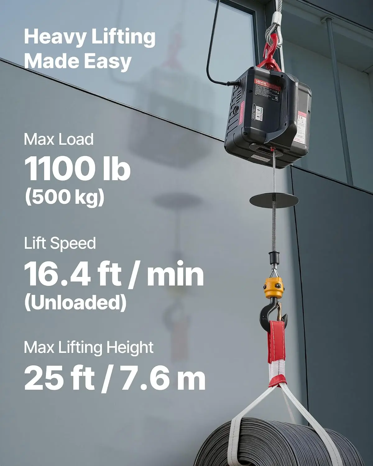 2-in-1 Electric Hoist Winch, 1100 lbs Capacity, 1500W Portable Power Winch Crane, 25 ft Lifting Height, 16.4 ft/min with Manual