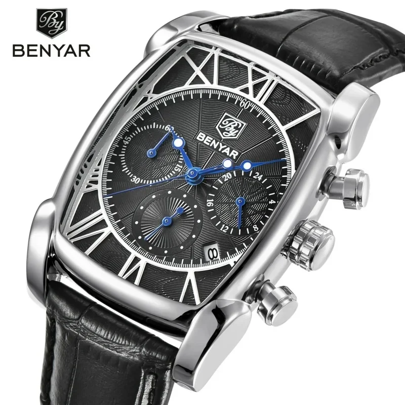 BENYAR 5113 Men's Luxury Quartz Chronograph Wristwatch, Classic Rectangular Case Design, Fashion Sports Style, Premium Leather