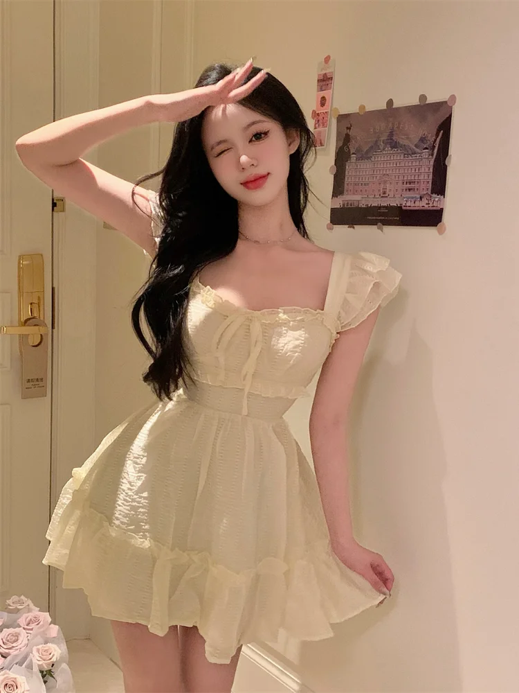 Dress Women Summer Hotsweet Bow Temper Vintage Chic All-match Sleeveless Square Collar Attractive Girls Holiday Casual Ulzzang