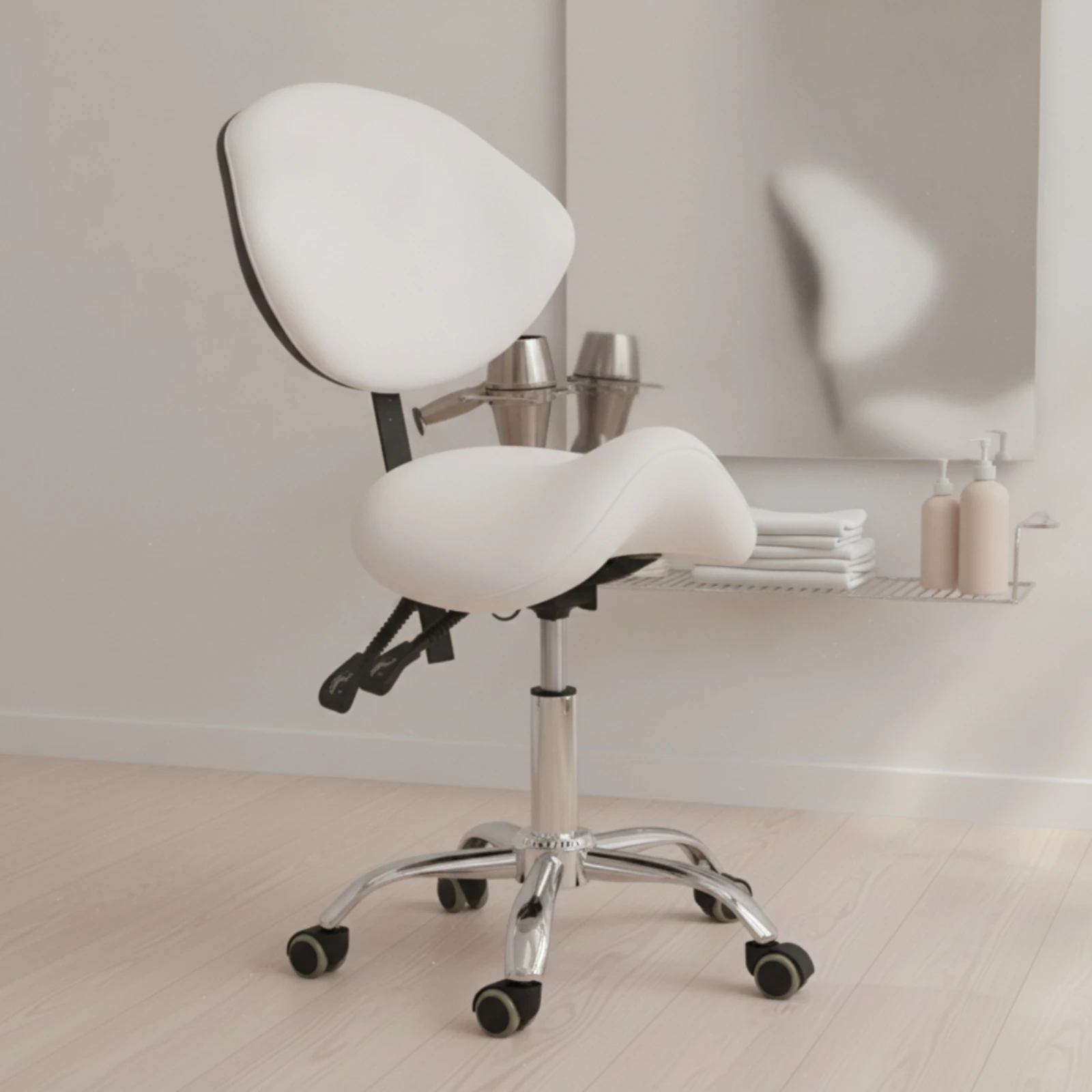 Silla De Silla De Montar Con Ruedas De Pu Ajustable En Altura, Taburete Giratorio Con Acabado Cromado Y Soporte Para La Espalda — -45%, 42.58€ Coupon, from 49.99€ – 45% descuento – €49.99