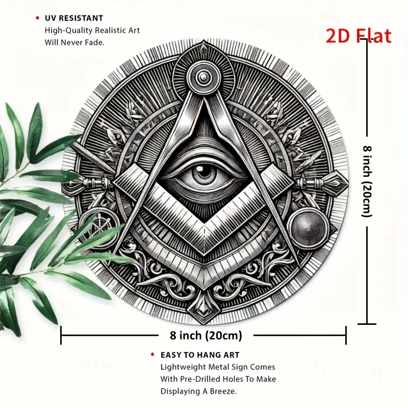 HD Tin Sign, All Seeing Eye Masonic Symbol Round Metal Wall Art, Freemasonry Decor for Home Office