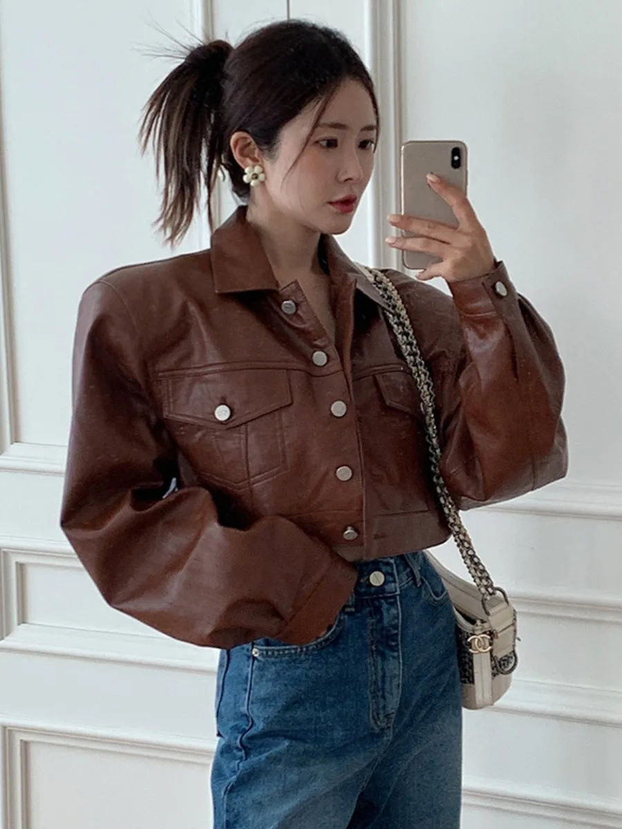 Jaet de cuero PU mate para mujer, solapa Vintage, suelto, un solo botón, versátil, doble ket Jaet Top
