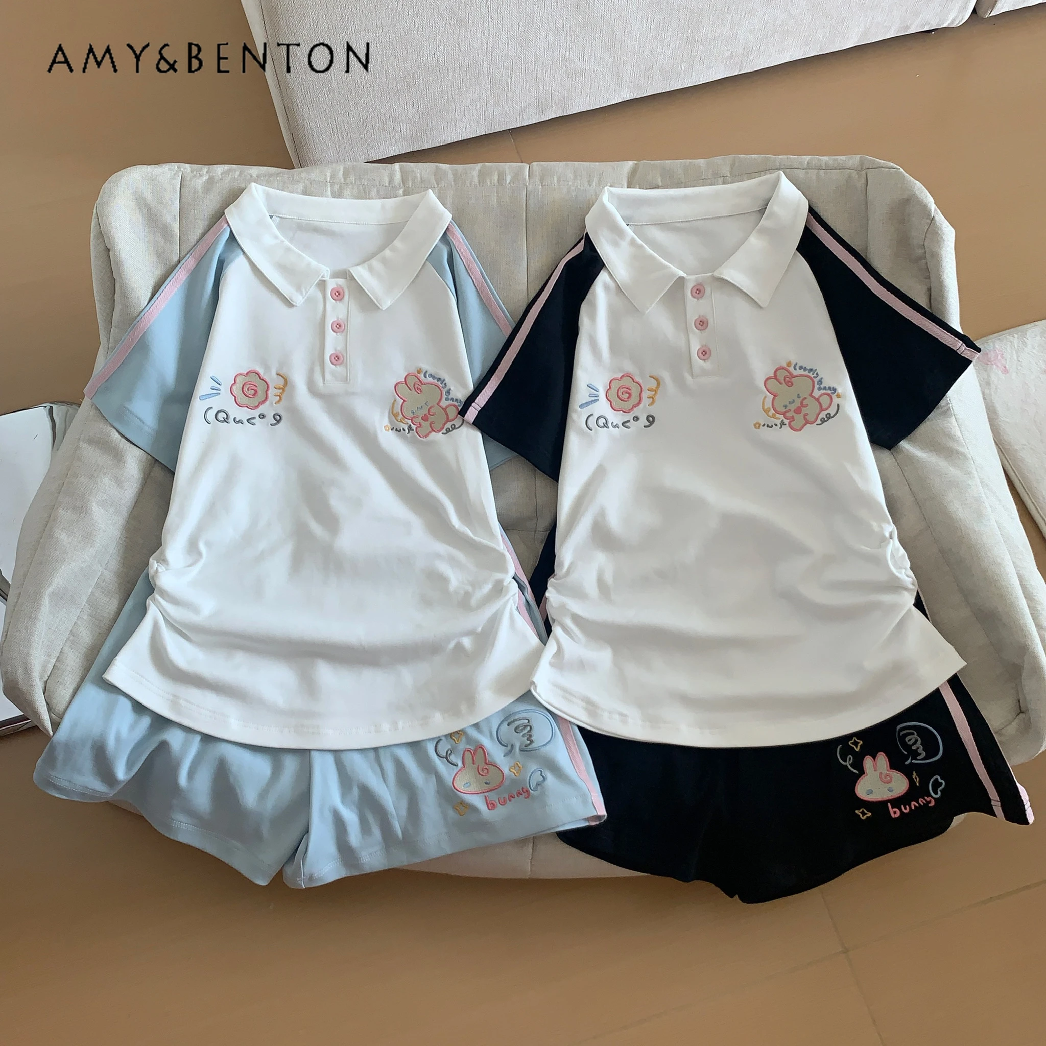 

Japanese Cute Rabbit Embroidered Polo Collar Short-sleeved Elastic Waist Shorts Two-piece Set Summer Sweet Loose Casual Sets