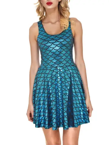 2026 New Sexy Girl Women Summer Shiny Short Dresses Dragon Fish Scale Green 3D Prints Reversible Sleeveless Skater Pleated Dress