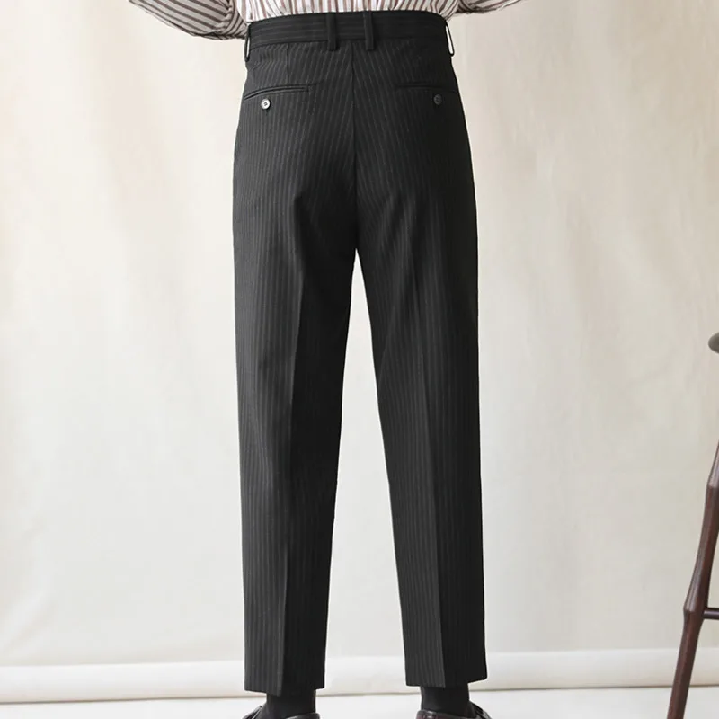 Luxury High Waist Casual Pants Korean Versatile Slim Long Pants Men\'s Fashion Fall Stripe Straight Men Clothes Office Trousers