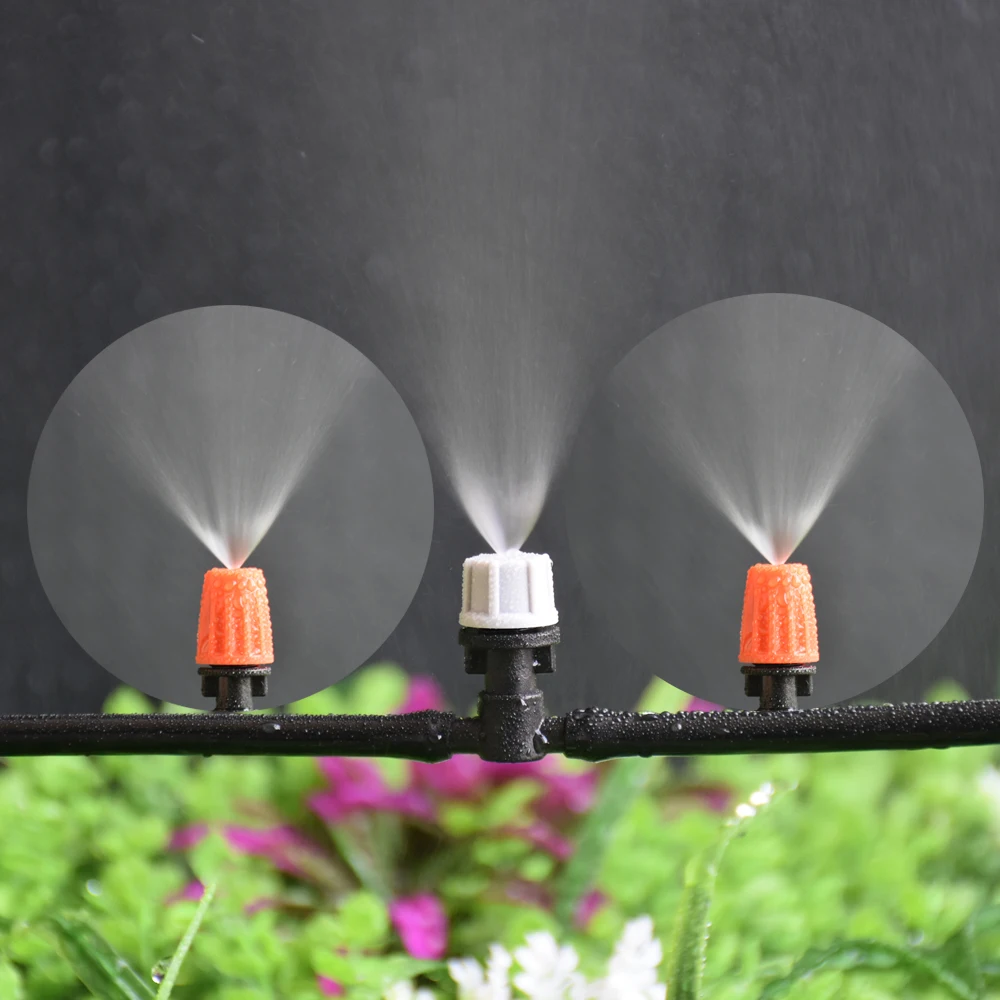 10pcs Micro Drip Irrigation Misting Nozzle Orange Grey Garden Spray Cooling Sprinkler 1/4 Tee Barb Connector