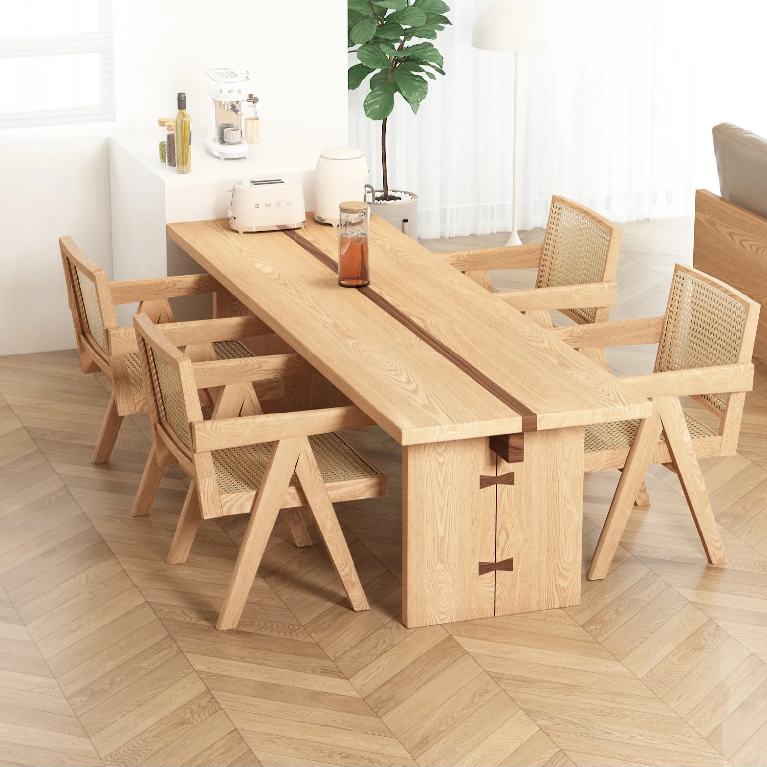 Red oak dining table combination Japanese solid wood large board table Household rectangular desk Designer butterfly tenon table
