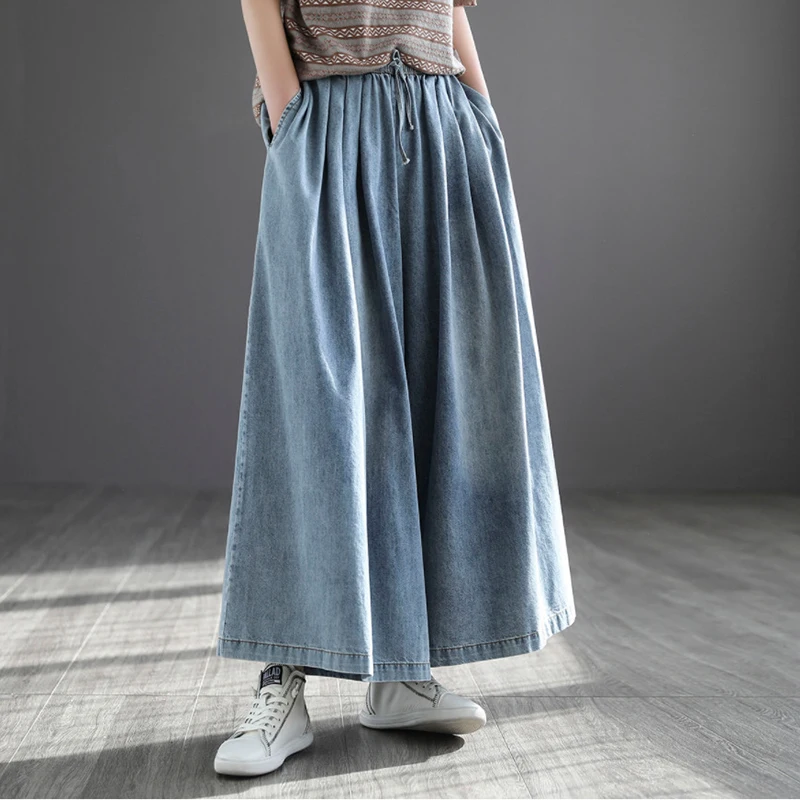 NINI WONDERLAND 2023 Autumn Cotton Denim Casual Pants Vintage Women Spring Elastic Waist Loose Jeans Korean Style Trousers Blue