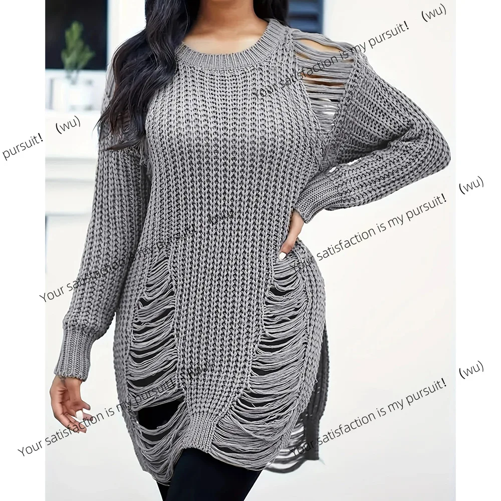 

European and American medium and long crew neck sweater women's new high-end retro knitted fringed ripped dress