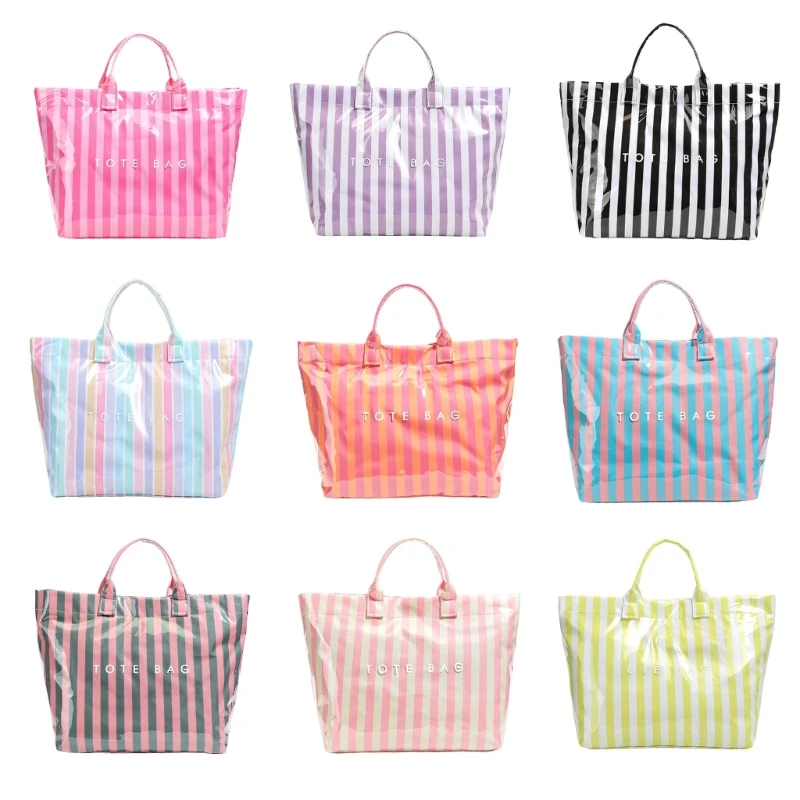 X7XC Trendy Striped Beach Bag Practical PVC Fabric Waterproof Bags Purses Handbags