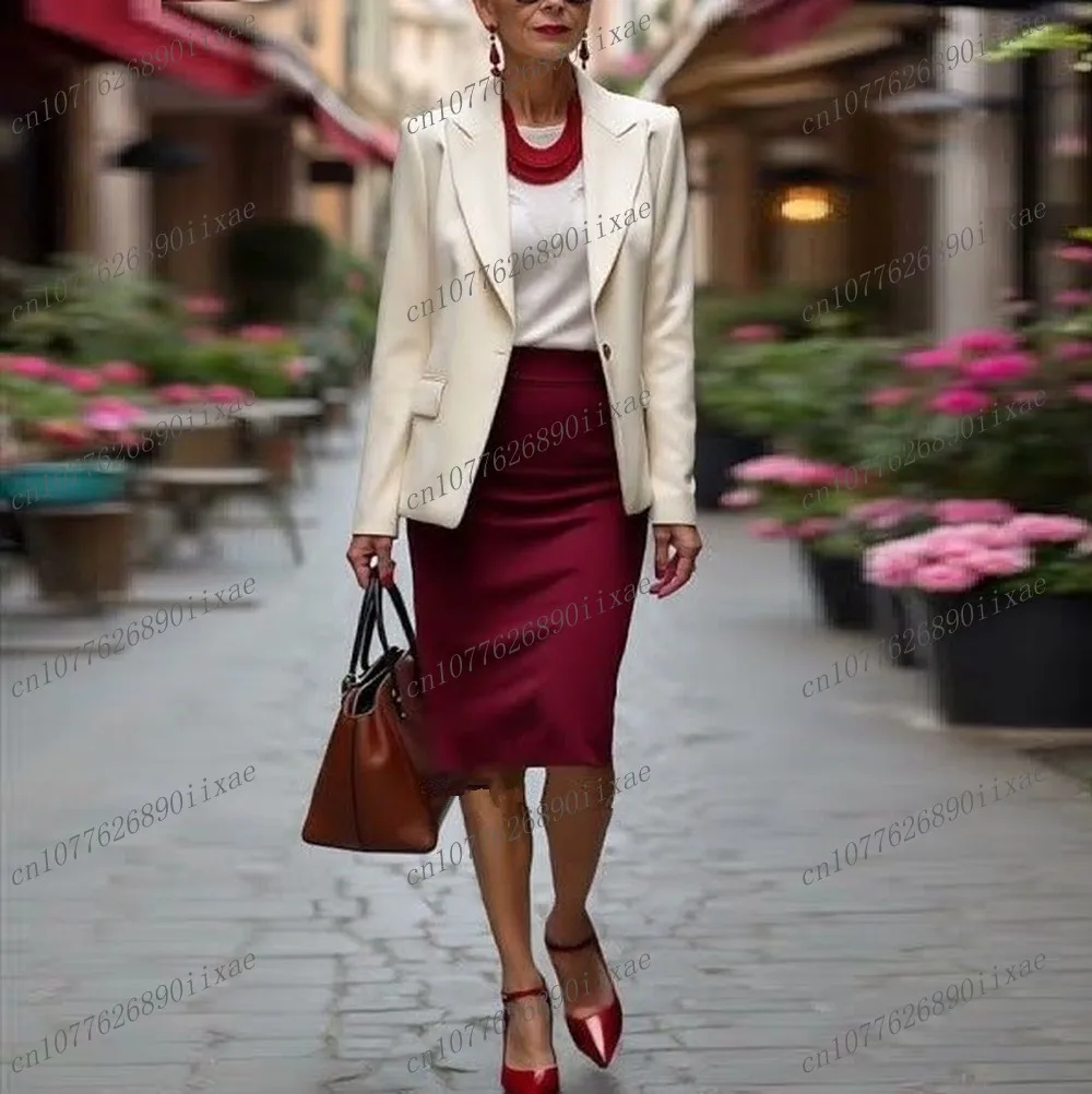 White And Burgundy Skirt Women Suits Lady Formal Business Tuxedos Mother Wedding Party Ladies 2 Piece Set Jacket Skirt