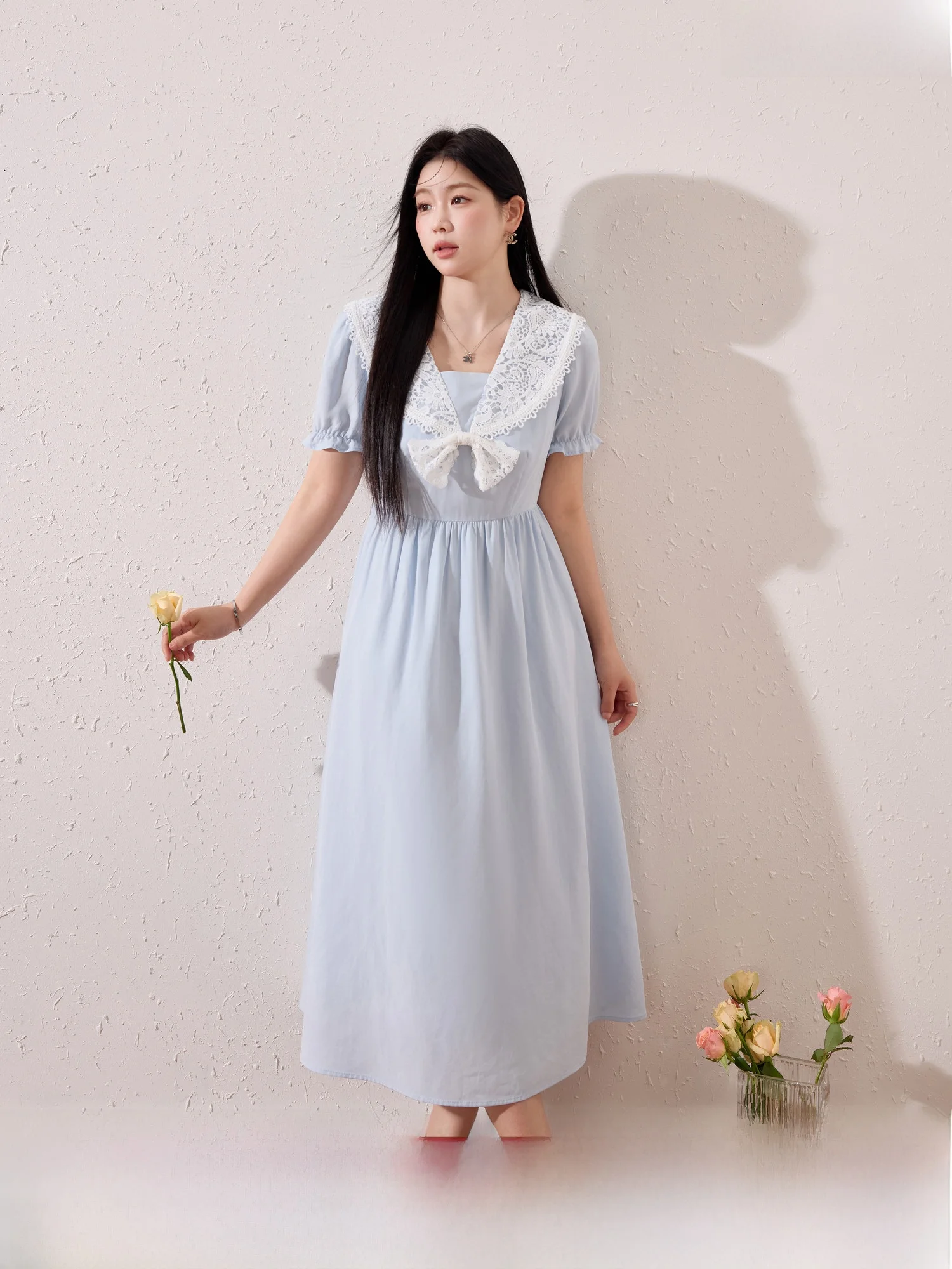 

Blue Language Large Size Women's Gentle Sweet Lace Doll Collar Dress Summer New Waist Cinching Slimming Younging Skirt