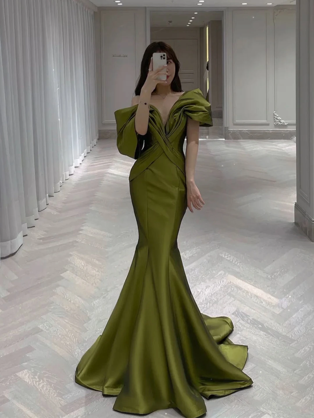 RONGKUN Green Silk Satin Mermaid Evening Dress 2023 Off The Shoulder Women Formal Prom Gowns Party Robes De Soiree Custom Made