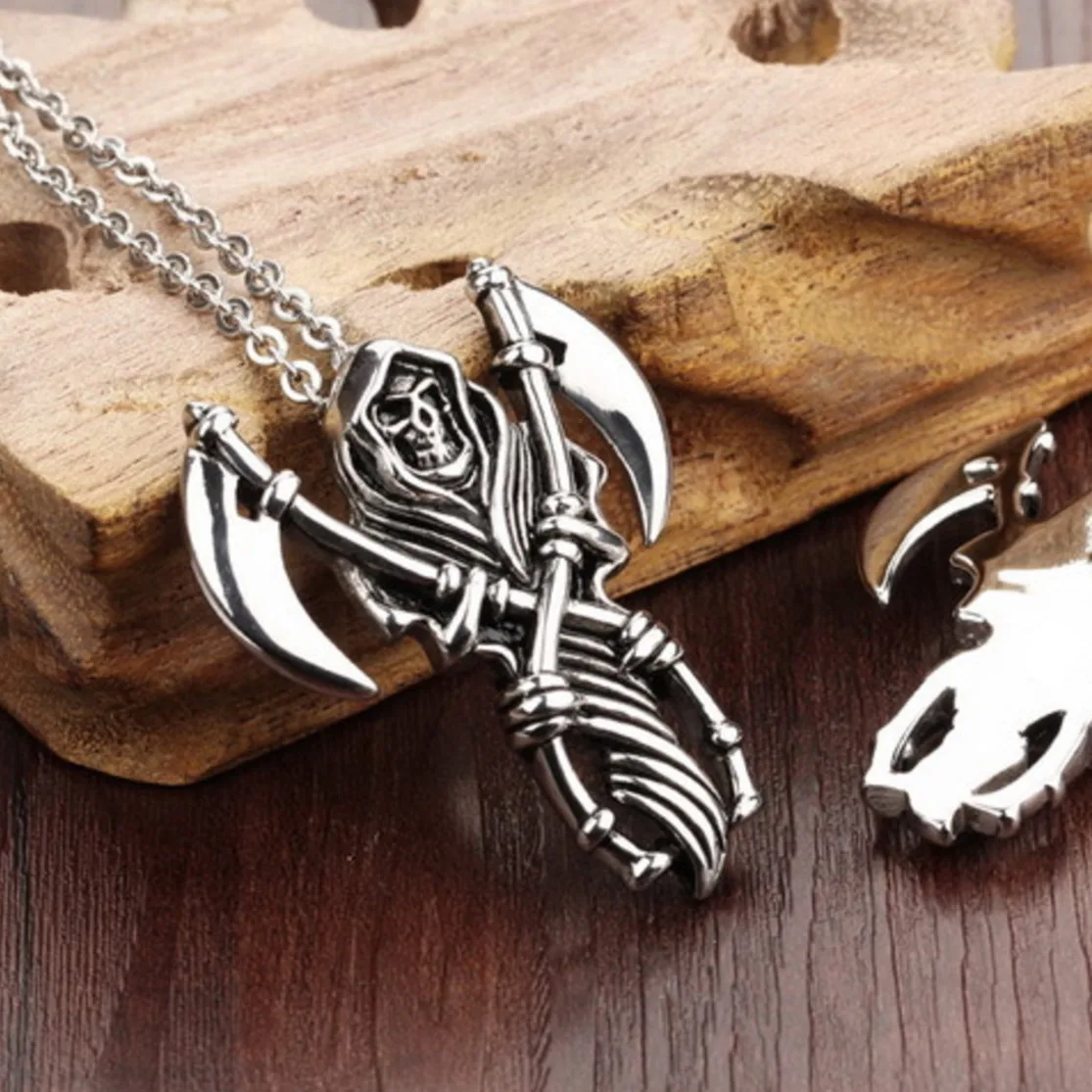 

Skeleton Skull Death Scythe Necklace Men Punk Pendant Final Destination For Man Alex Chance Browning Jewelry Accessories