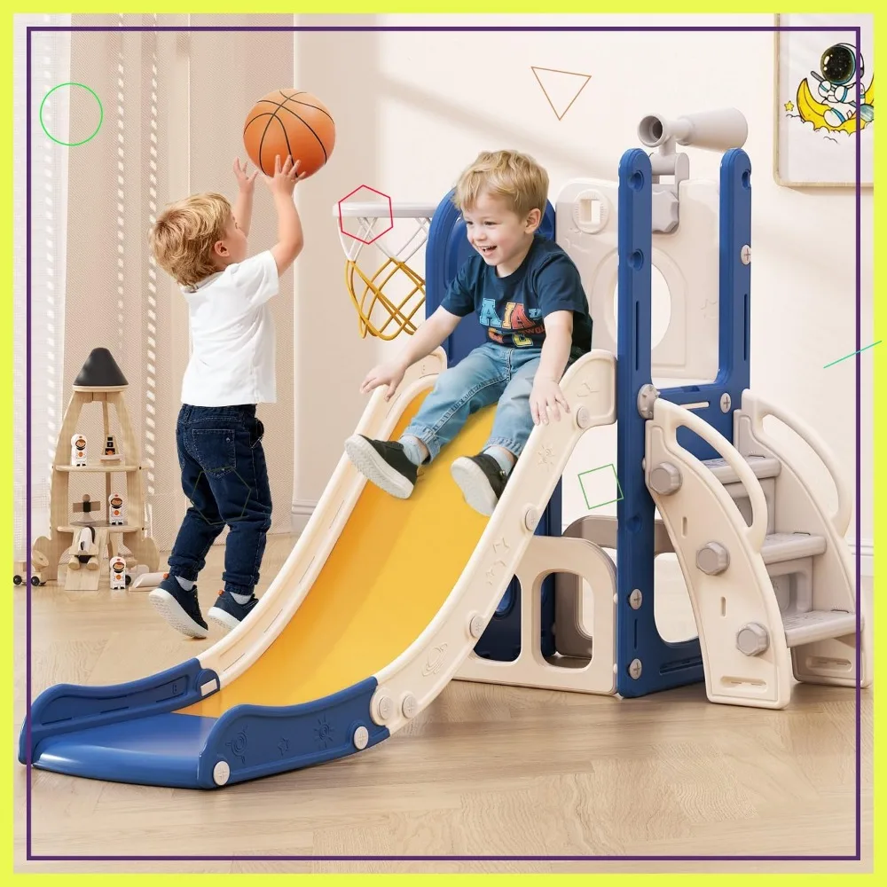 

6-in-1 Kids Slide with Basketball Hoop and Telescope, Indoor Outdoor Climber Playset for Toddlers 1-3 Years (Blue & Yellow)