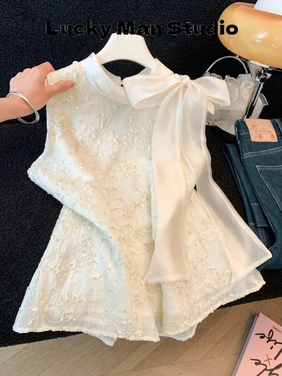 

Sweet Lace Shirt Women's Sleeveless Sequin Neck Hanging Vest Knot Personality Top LUCKYMAN Gentle Women's Fashion