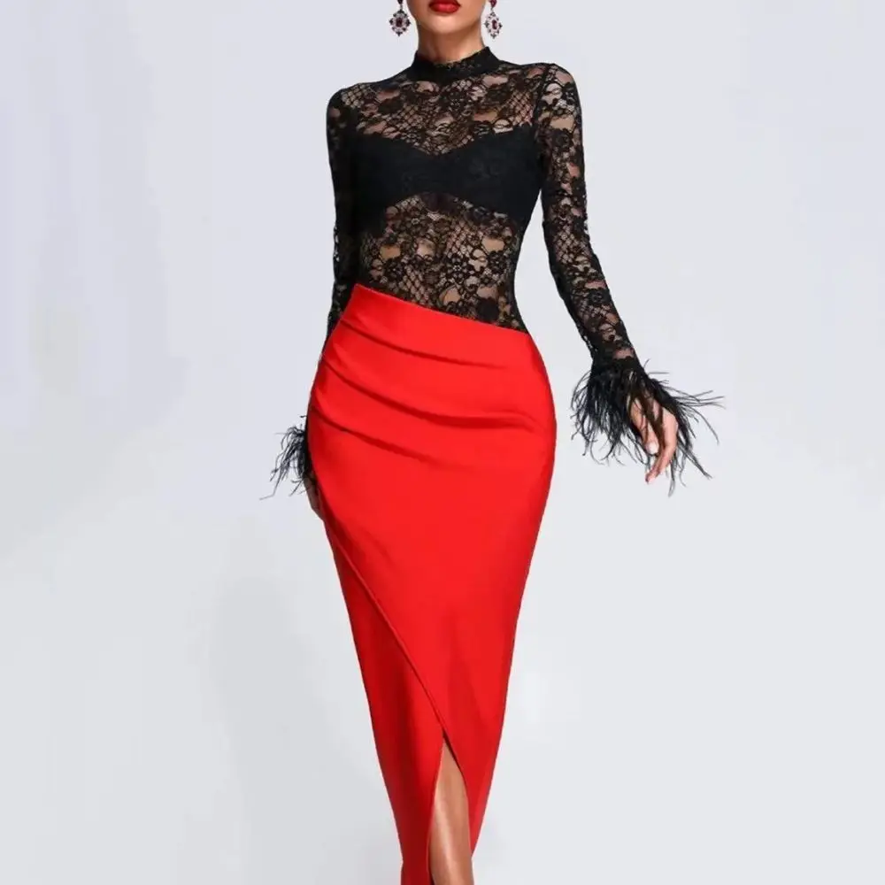 

Long Sleeve Black Red Cross Feather Prom Dress 2023 Women's Elegant Formal Occasion Gown Birthday Party Dinner Dress فساتين سهره